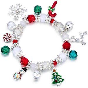 Christmas Snowflake Charm Beaded Bracelet Stretch Elastic Crystal Silver Tone